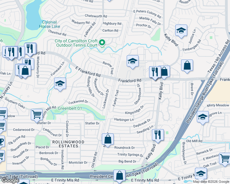 map of restaurants, bars, coffee shops, grocery stores, and more near 17823 Farley Trail in Dallas