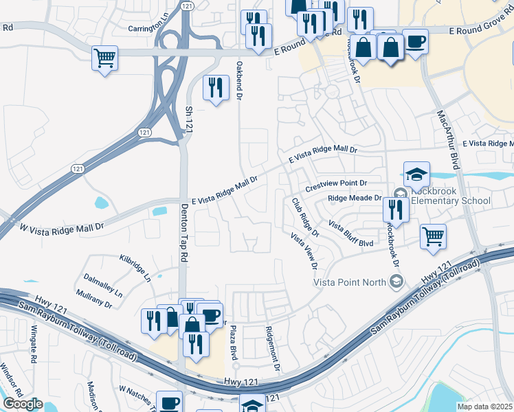 map of restaurants, bars, coffee shops, grocery stores, and more near 2715 Gulf Shore Drive in Lewisville