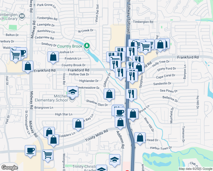 map of restaurants, bars, coffee shops, grocery stores, and more near 17936 Castle Bend Drive in Dallas