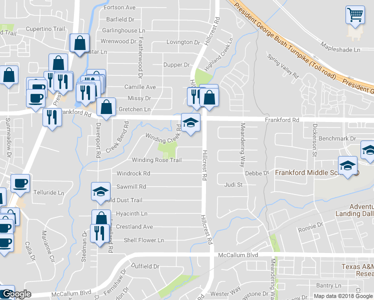 map of restaurants, bars, coffee shops, grocery stores, and more near 6808 Riseden Drive in Dallas
