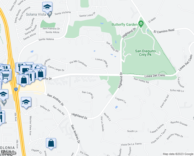 map of restaurants, bars, coffee shops, grocery stores, and more near 105 Villa Hermosa Court in Solana Beach