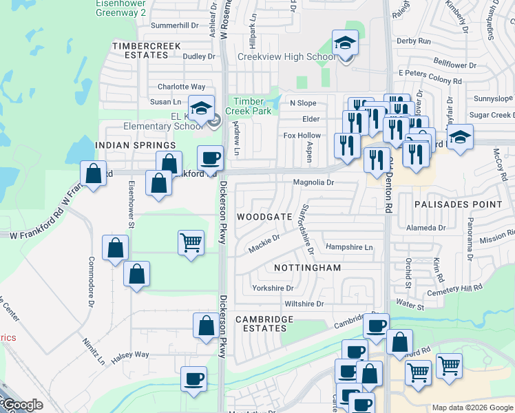 map of restaurants, bars, coffee shops, grocery stores, and more near 1207 Sycamore Drive in Carrollton