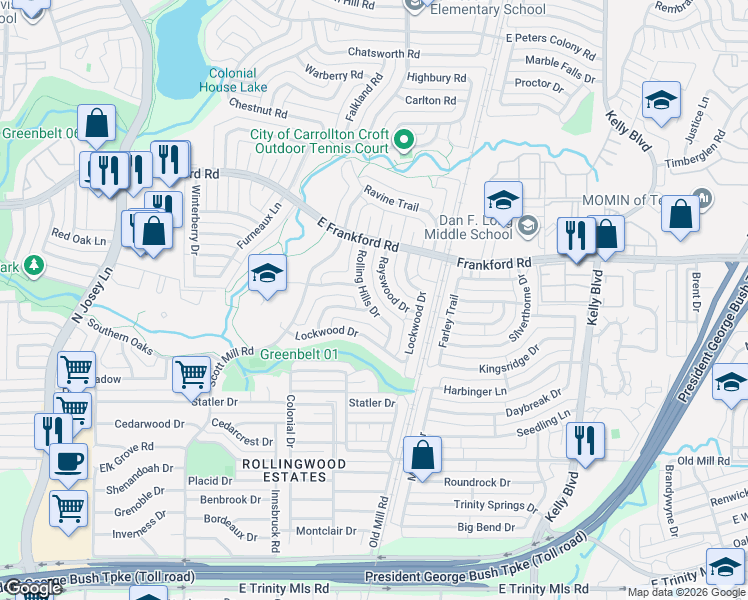 map of restaurants, bars, coffee shops, grocery stores, and more near 2922 Rolling Hills Drive in Carrollton