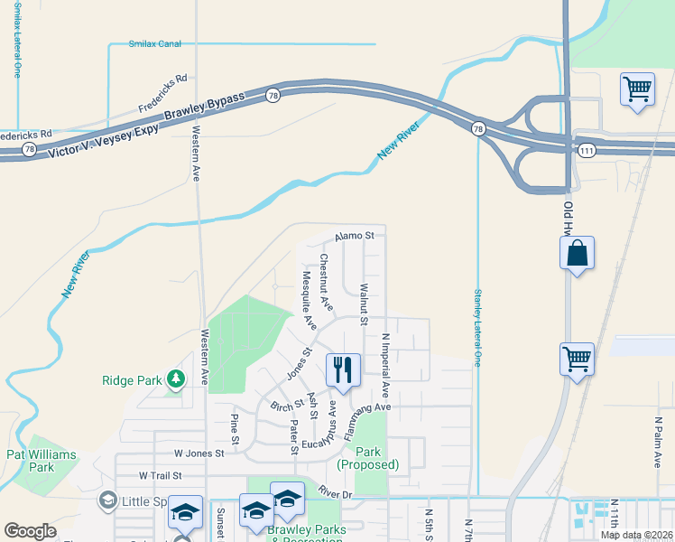 map of restaurants, bars, coffee shops, grocery stores, and more near 1149 Pecan Street. in Brawley