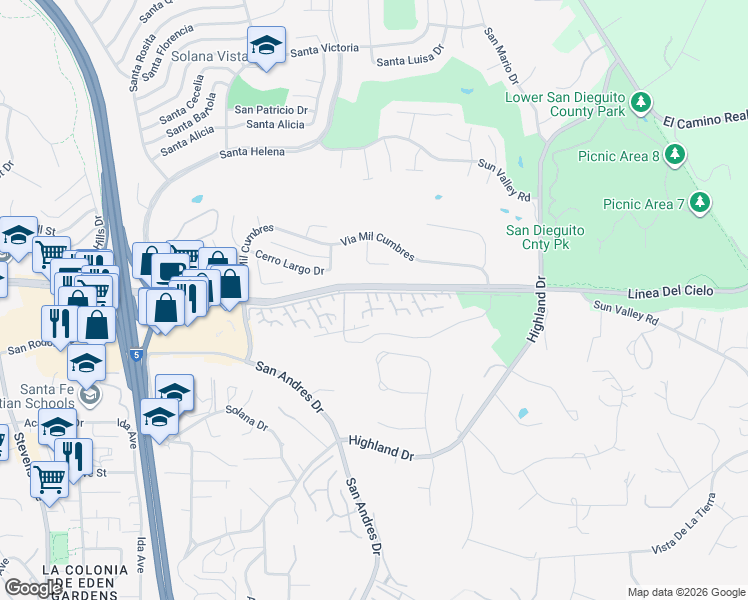 map of restaurants, bars, coffee shops, grocery stores, and more near 105 Poza Rica Court in Solana Beach
