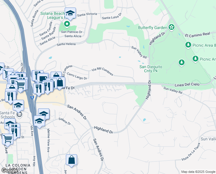 map of restaurants, bars, coffee shops, grocery stores, and more near 105 Salamanca Court in Solana Beach