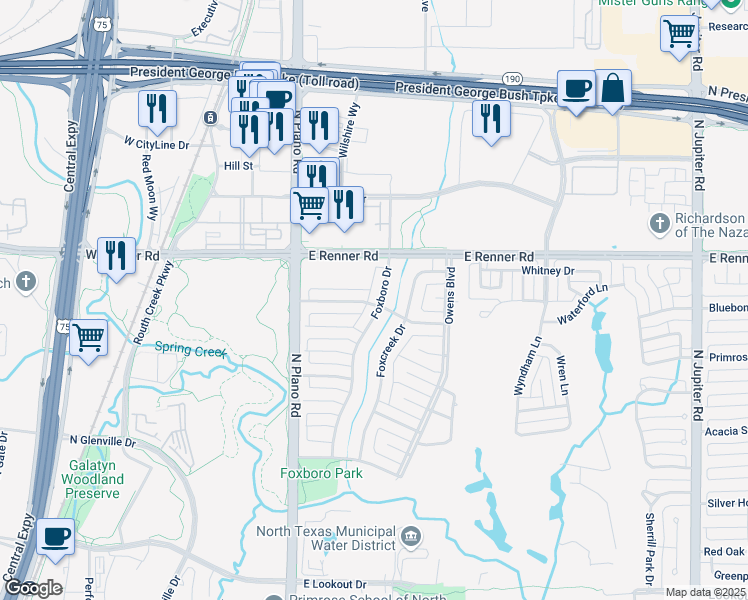 map of restaurants, bars, coffee shops, grocery stores, and more near 3201 Foxboro Drive in Richardson