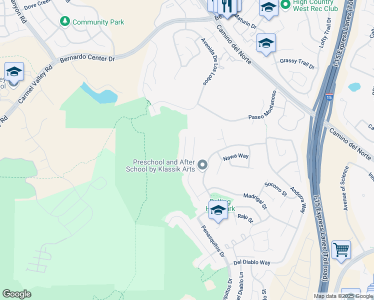 map of restaurants, bars, coffee shops, grocery stores, and more near 11325 Penanova Street in San Diego