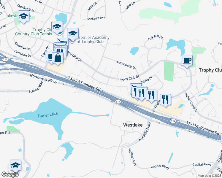 map of restaurants, bars, coffee shops, grocery stores, and more near 6 Narrow Creek Court in Trophy Club