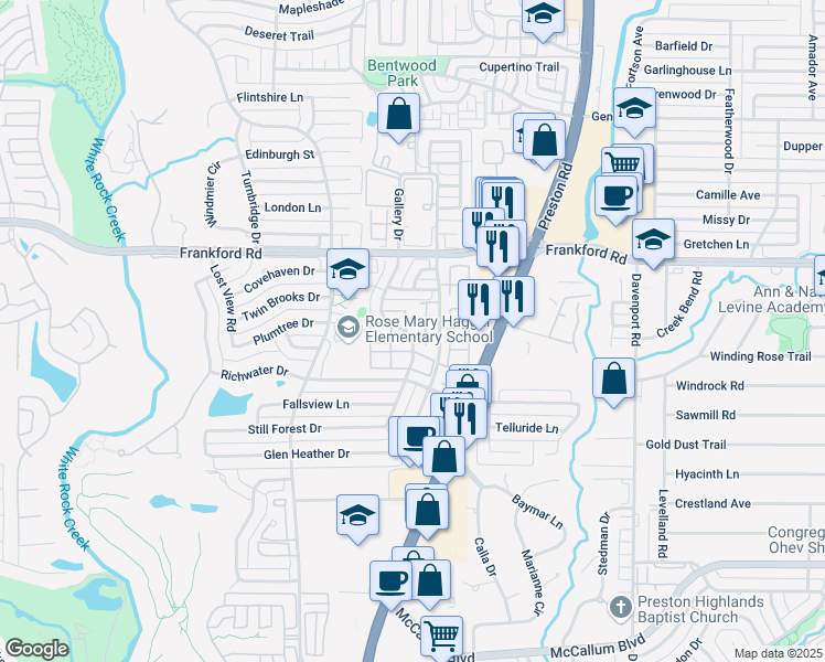 map of restaurants, bars, coffee shops, grocery stores, and more near 17820 Windflower Way in Dallas
