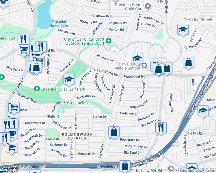 map of restaurants, bars, coffee shops, grocery stores, and more near 2904 Rayswood Drive in Carrollton