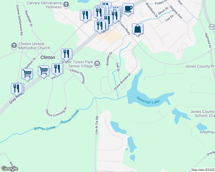 map of restaurants, bars, coffee shops, grocery stores, and more near 1108 Boulder Drive in Gray