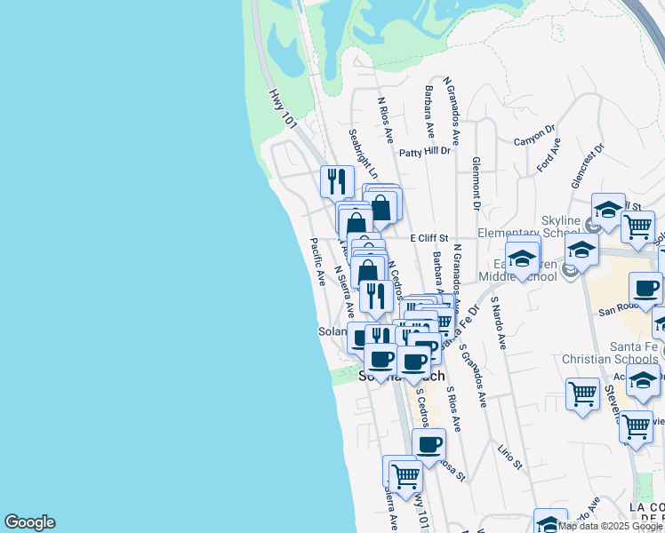 map of restaurants, bars, coffee shops, grocery stores, and more near 337 North Sierra Avenue in Solana Beach