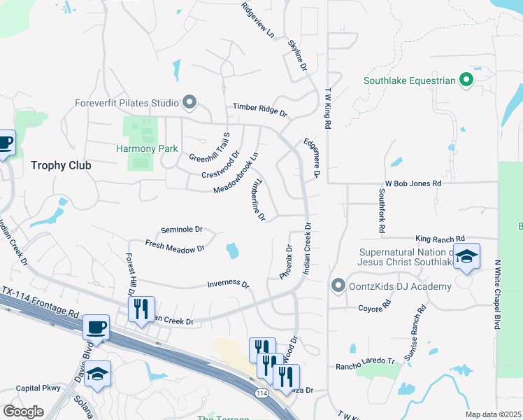 map of restaurants, bars, coffee shops, grocery stores, and more near 16 Timberline Dr in Trophy Club
