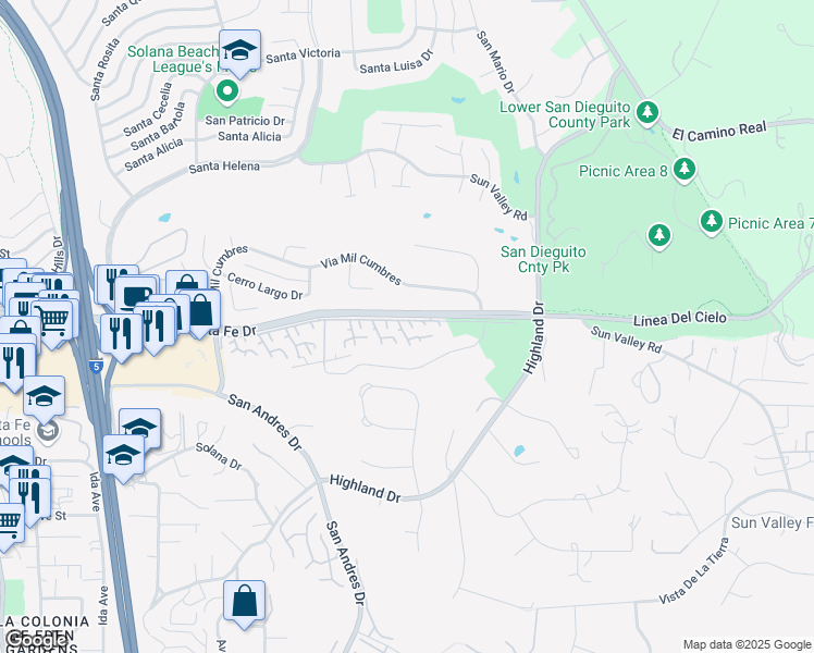 map of restaurants, bars, coffee shops, grocery stores, and more near 105 Toluca Court in Solana Beach