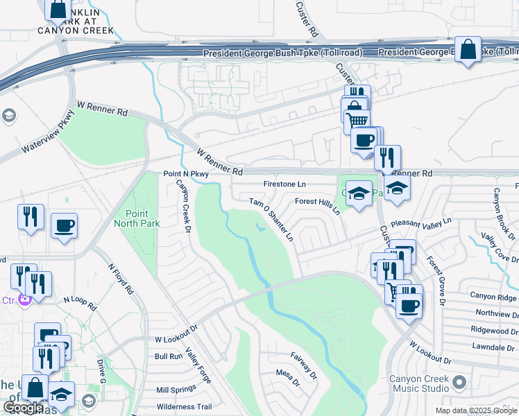 map of restaurants, bars, coffee shops, grocery stores, and more near 3201 Tam O Shanter Ln in Richardson