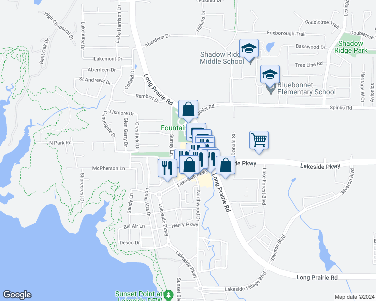 map of restaurants, bars, coffee shops, grocery stores, and more near 951 Long Prairie Road in Flower Mound