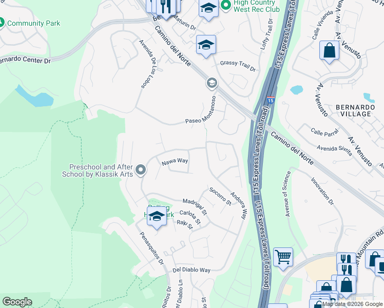 map of restaurants, bars, coffee shops, grocery stores, and more near 15535 Meknes Street in San Diego