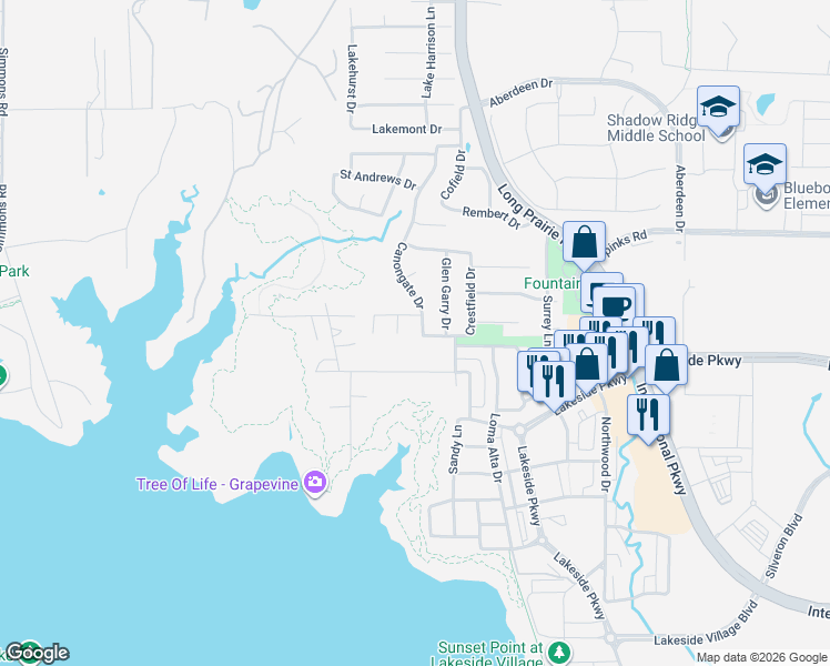 map of restaurants, bars, coffee shops, grocery stores, and more near 737 Canongate Drive in Flower Mound