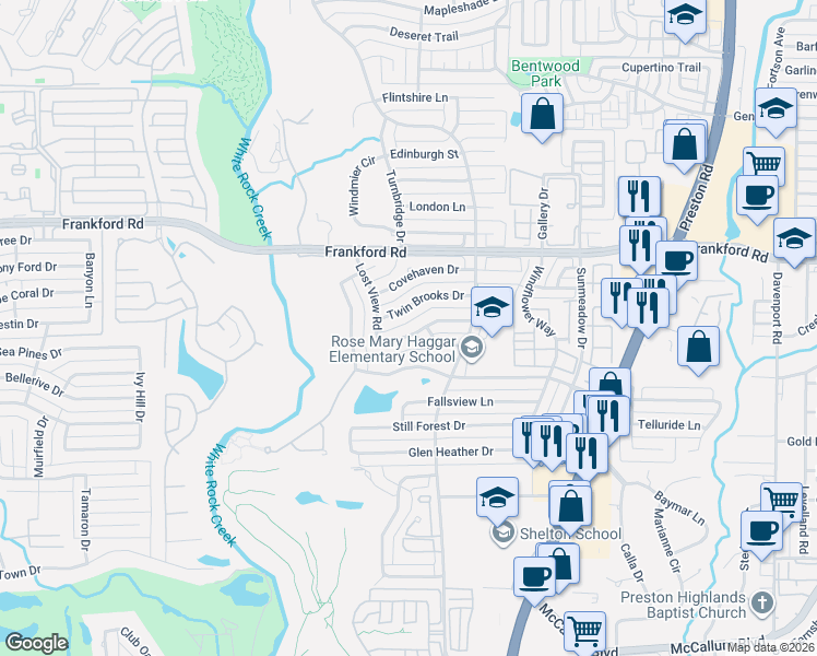map of restaurants, bars, coffee shops, grocery stores, and more near 5619 Plumtree Drive in Dallas