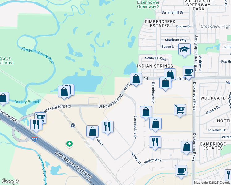 map of restaurants, bars, coffee shops, grocery stores, and more near 1600 West Frankford Road in Carrollton