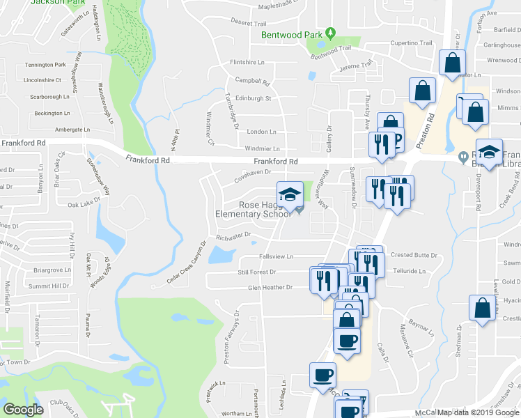 map of restaurants, bars, coffee shops, grocery stores, and more near 5708 Plumtree Drive in Dallas