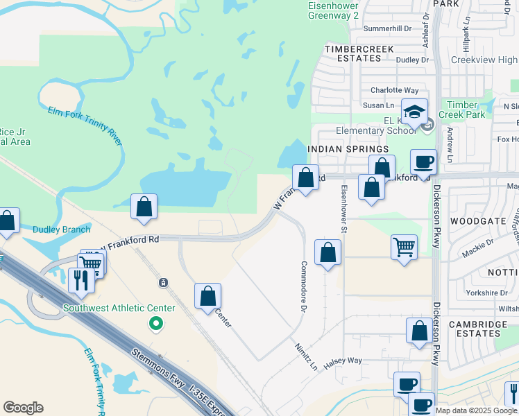 map of restaurants, bars, coffee shops, grocery stores, and more near 1600 West Frankford Road in Carrollton