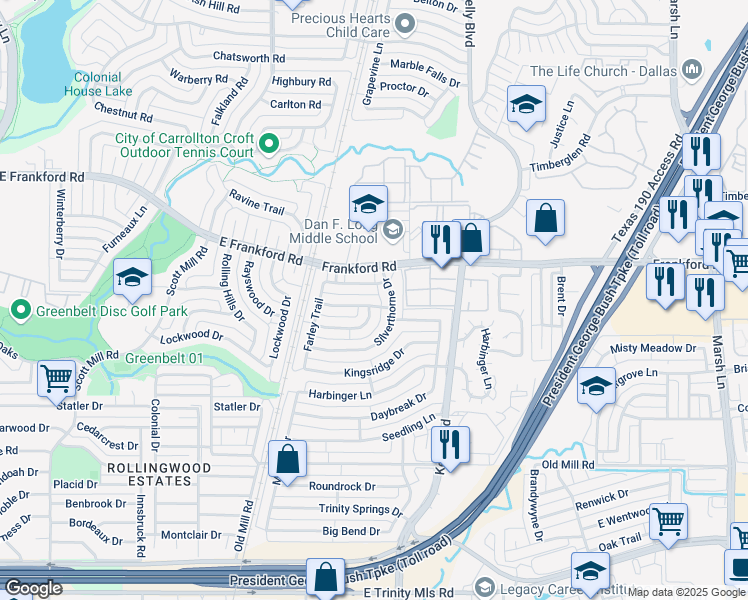 map of restaurants, bars, coffee shops, grocery stores, and more near 2567 Sundance Lane in Dallas