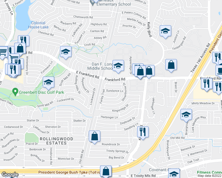 map of restaurants, bars, coffee shops, grocery stores, and more near 2527 Sundance Lane in Dallas