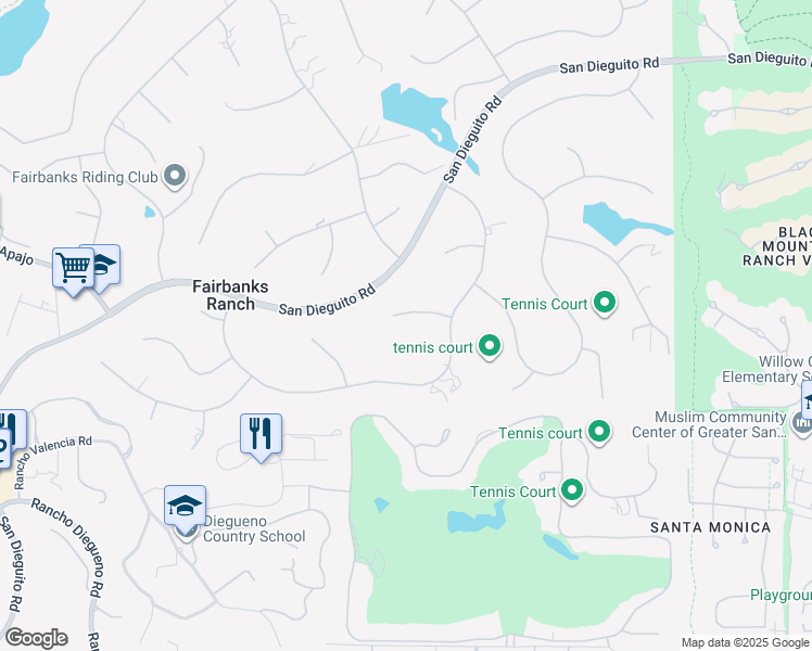 map of restaurants, bars, coffee shops, grocery stores, and more near 16727 Camino Sierra Del Sur in Rancho Santa Fe