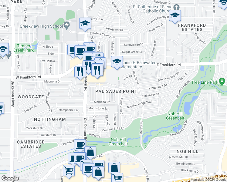 map of restaurants, bars, coffee shops, grocery stores, and more near 2921 Menlo Park Lane in Carrollton