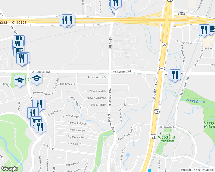 map of restaurants, bars, coffee shops, grocery stores, and more near 301 High Brook Drive in Richardson