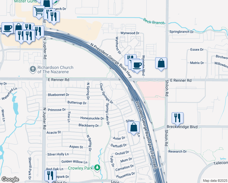 map of restaurants, bars, coffee shops, grocery stores, and more near 2600 East Renner Road in Richardson