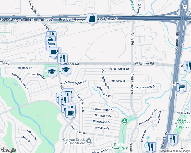 map of restaurants, bars, coffee shops, grocery stores, and more near 409 High Brook Drive in Richardson