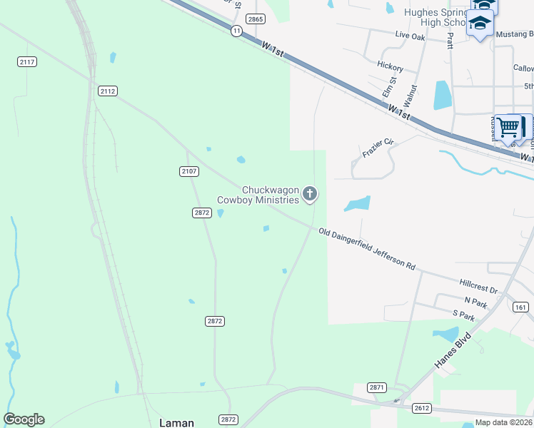 map of restaurants, bars, coffee shops, grocery stores, and more near 245 County Road 2873 in Hughes Springs