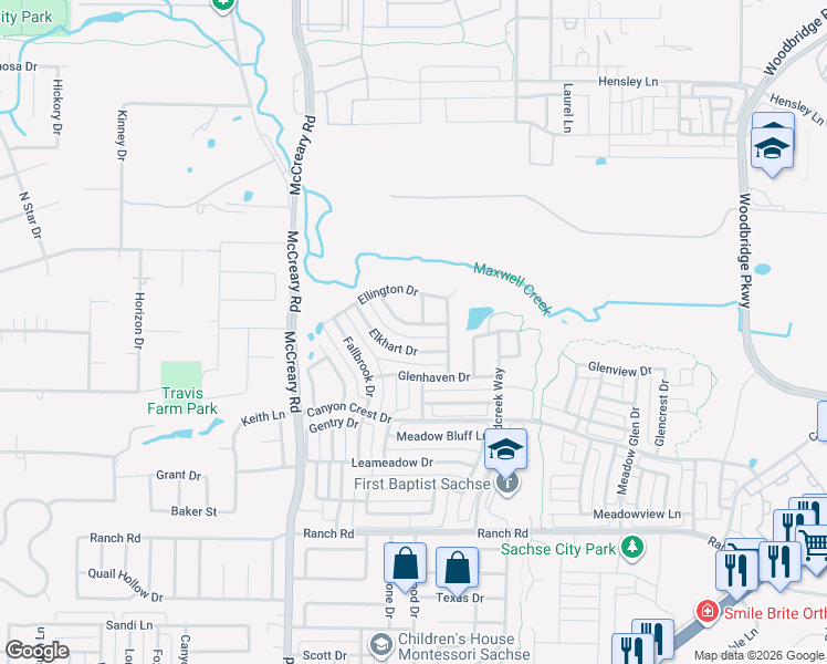 map of restaurants, bars, coffee shops, grocery stores, and more near 3411 Elkhart Drive in Sachse