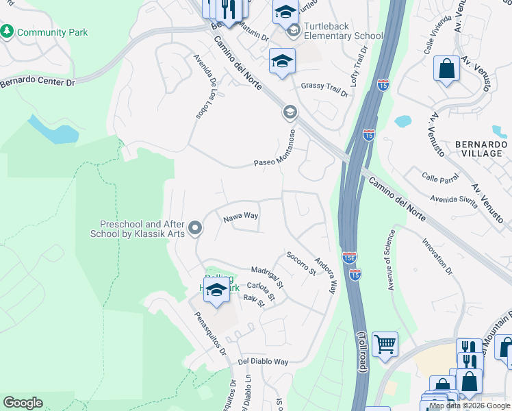 map of restaurants, bars, coffee shops, grocery stores, and more near 11456 Nawa Way in San Diego