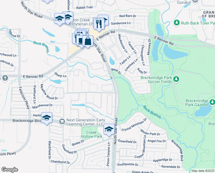 map of restaurants, bars, coffee shops, grocery stores, and more near 3301 North Star Road in Richardson