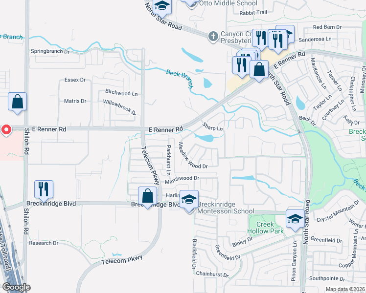 map of restaurants, bars, coffee shops, grocery stores, and more near 3203 Pond View Drive in Richardson