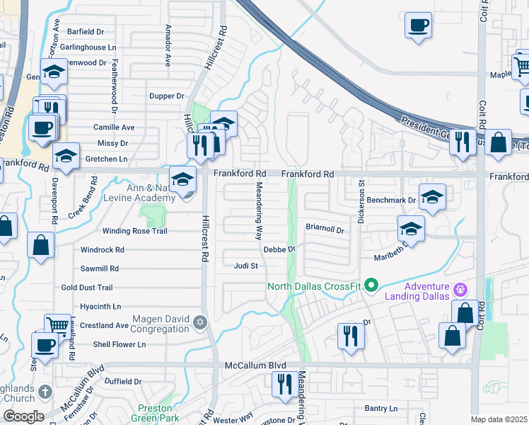 map of restaurants, bars, coffee shops, grocery stores, and more near 7035 Bremerton Drive in Dallas