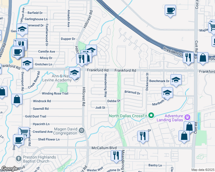 map of restaurants, bars, coffee shops, grocery stores, and more near 7035 Bremerton Drive in Dallas