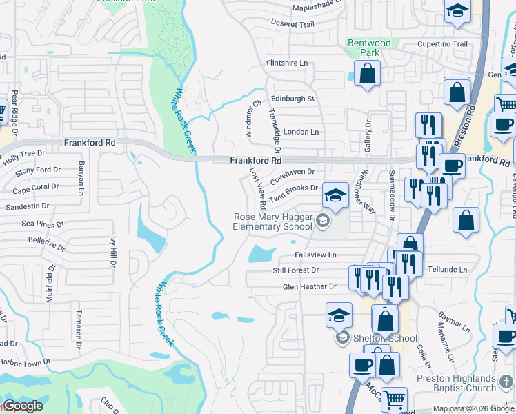 map of restaurants, bars, coffee shops, grocery stores, and more near 17820 Cedar Creek Canyon Drive in Dallas