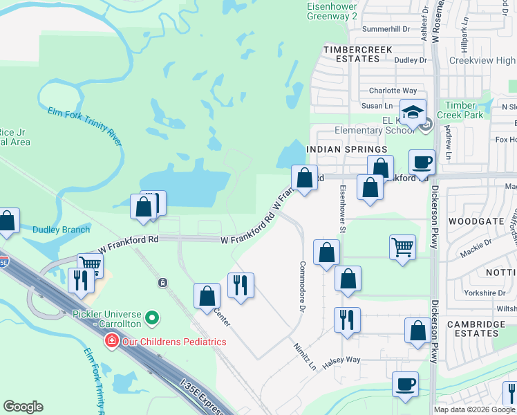 map of restaurants, bars, coffee shops, grocery stores, and more near 1600-1640 West Frankford Road in Carrollton