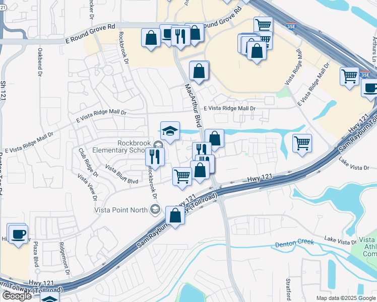 map of restaurants, bars, coffee shops, grocery stores, and more near 501 Highland Drive in Lewisville