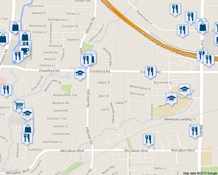 map of restaurants, bars, coffee shops, grocery stores, and more near 7035 Bremerton Drive in Dallas