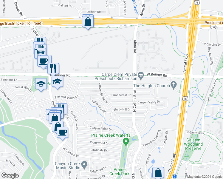 map of restaurants, bars, coffee shops, grocery stores, and more near 325 High Brook Drive in Richardson