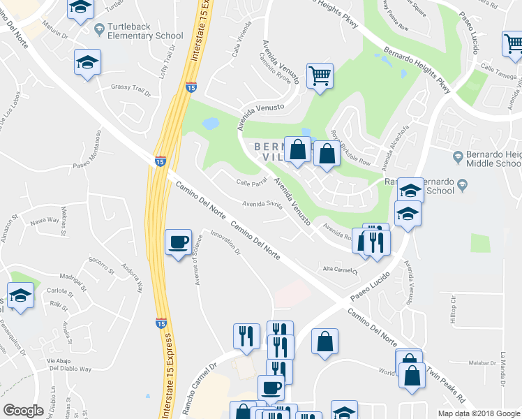 map of restaurants, bars, coffee shops, grocery stores, and more near 11929 Avenida Sivrita in San Diego