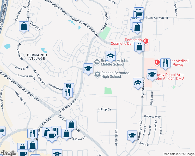map of restaurants, bars, coffee shops, grocery stores, and more near 13010 Paseo Lucido in San Diego