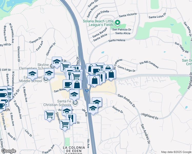 map of restaurants, bars, coffee shops, grocery stores, and more near 905-37 Lomas Santa Fe Drive in Solana Beach