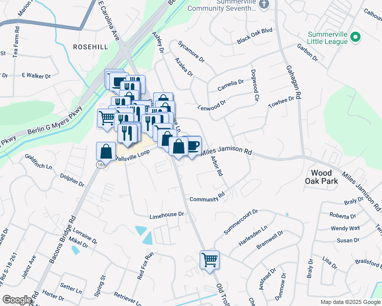 map of restaurants, bars, coffee shops, grocery stores, and more near 2 Miles Jamison Road in Summerville